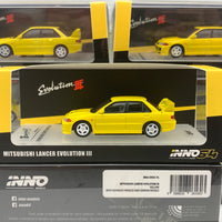 INNO64 1/64 MITSUBISHI LANCER EVOLUTION III 1995 Yellow Whith Separate bonnet carbon decals and Extra wheels IN64-EVO3-YL