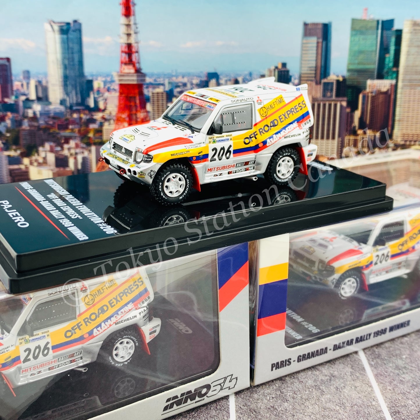 INNO64 1/64 MITSUBISHI PAJERO EVOLUTION #206 "OFF ROAD EXPRESS" Paris - Granada - Dakar 1998 Winner IN64-EVOP-OFE98