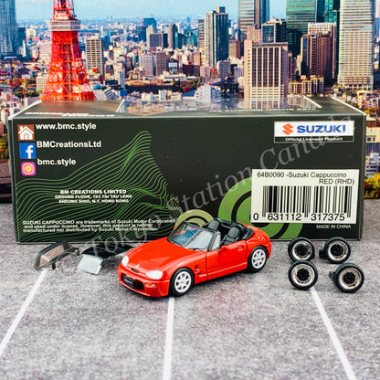 BM CREATIONS JUNIOR 1/64 SUZUKI CAPPUCCINO Red RHD with Extra Wheel and Hard Top Set 64B0090