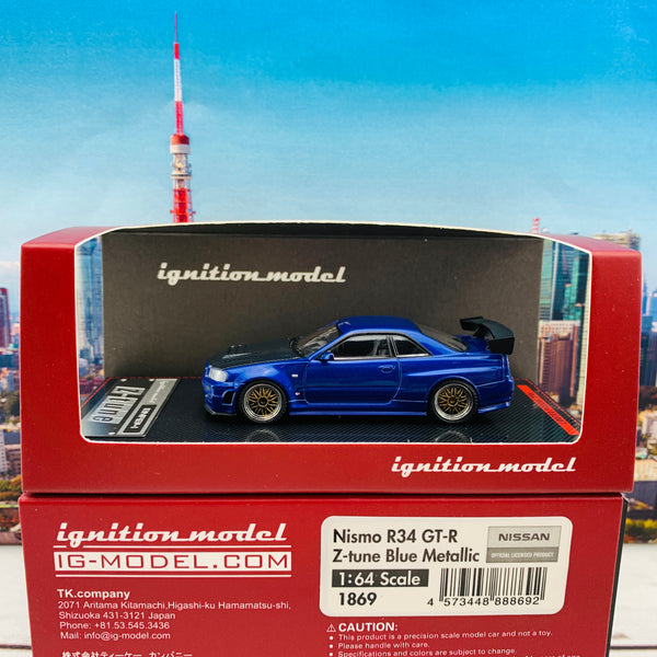 Ignition Model 1/64 Nismo R34 GTR Z-tune Blue Metallic with Carbon Bonnet and GT Wing IG1869