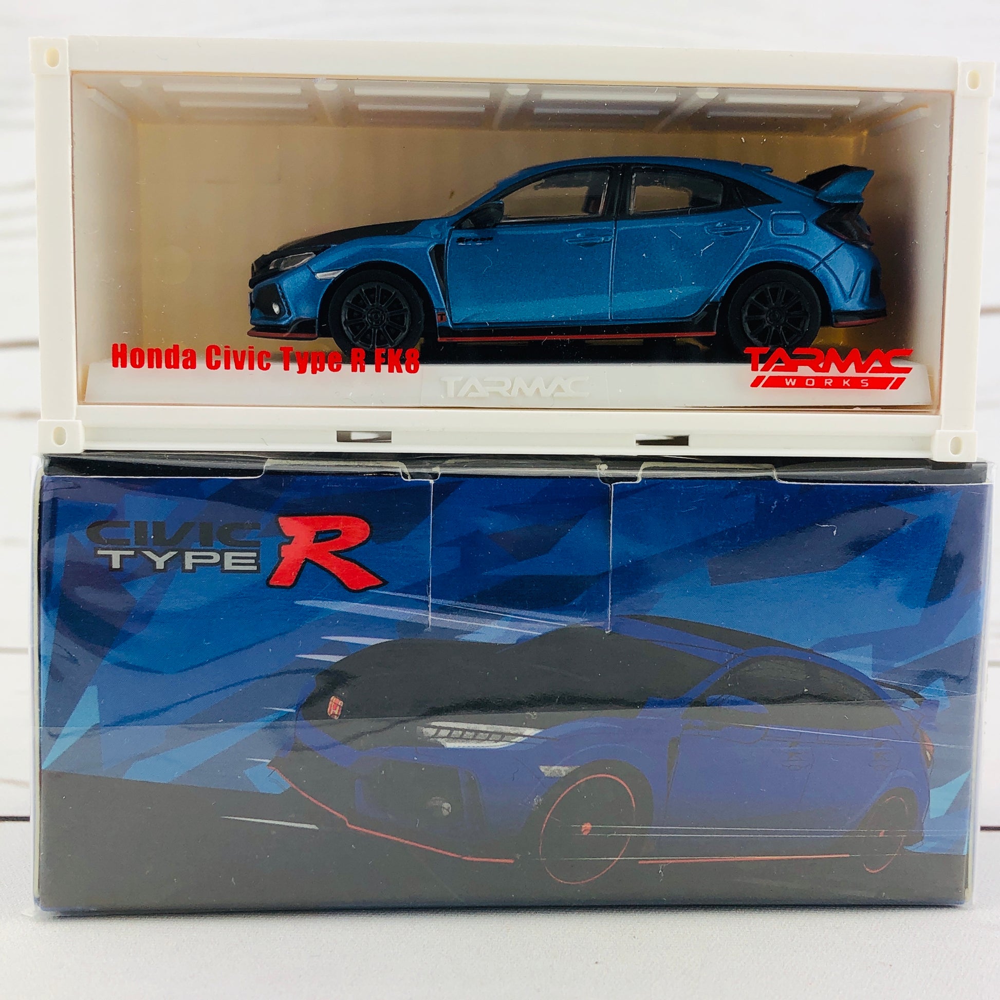 Tarmac Works 1/64 Honda Civic Type R FK8 Brilliant Blue with Black Bonnet and Container T64-014-BLE