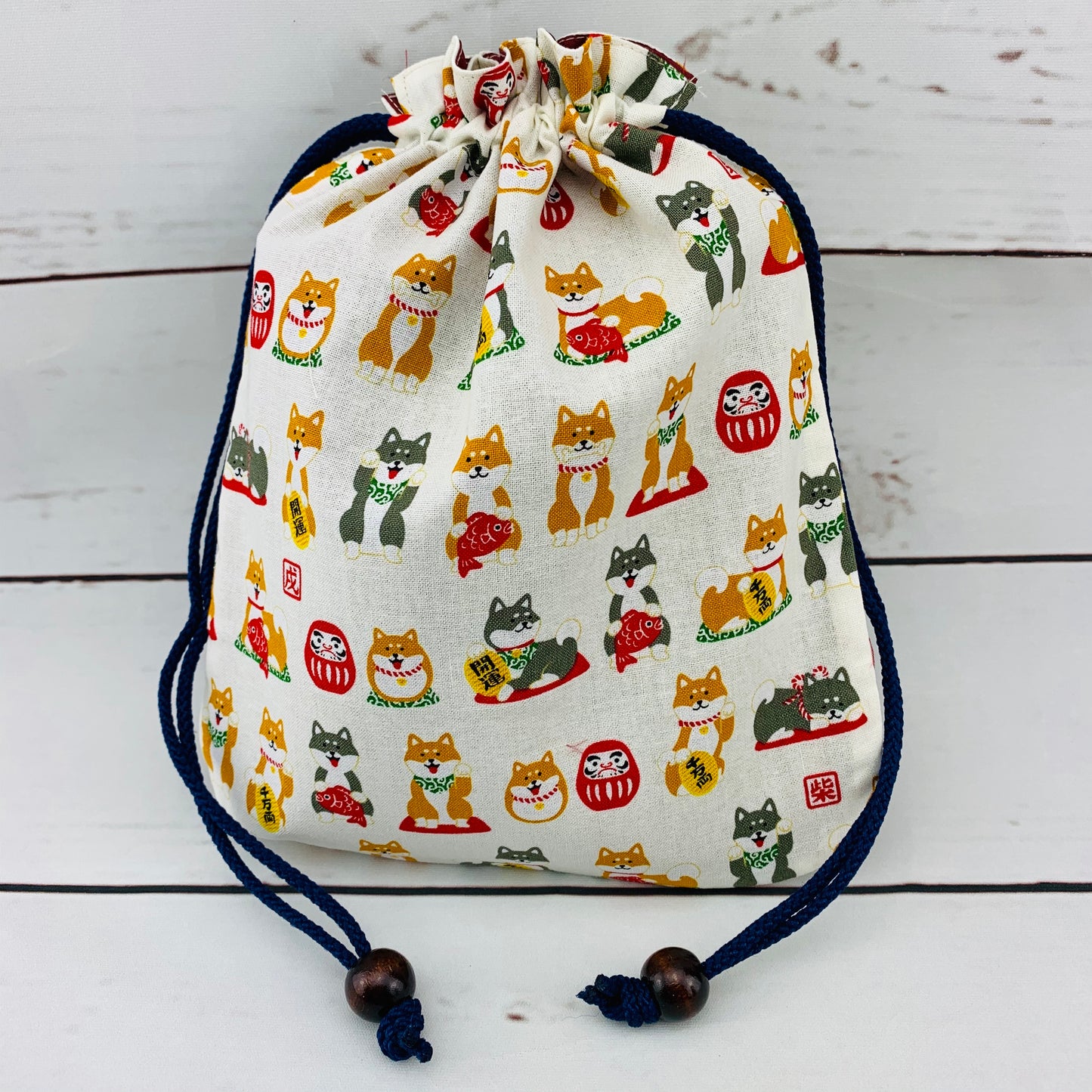 Shiba Inu おさんぽ日和 Drawstring Bag 303-701 Medium White (MADE IN JAPAN)
