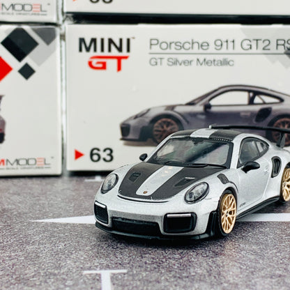 MINI GT 1/64 Porsche 911 Turbo GT2 RS GT Weissach Package Silver Metallic RHD MGT00063-R