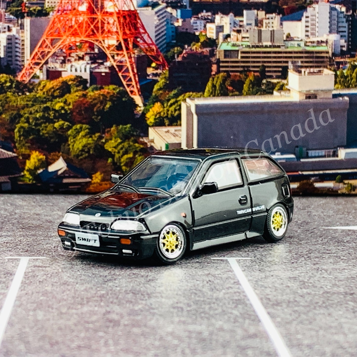 BM CREATIONS JUNIOR 1/64 Suzuki Swift 1989 BLACK LHD with Extra Wheels, Lowering Parts 64B0030