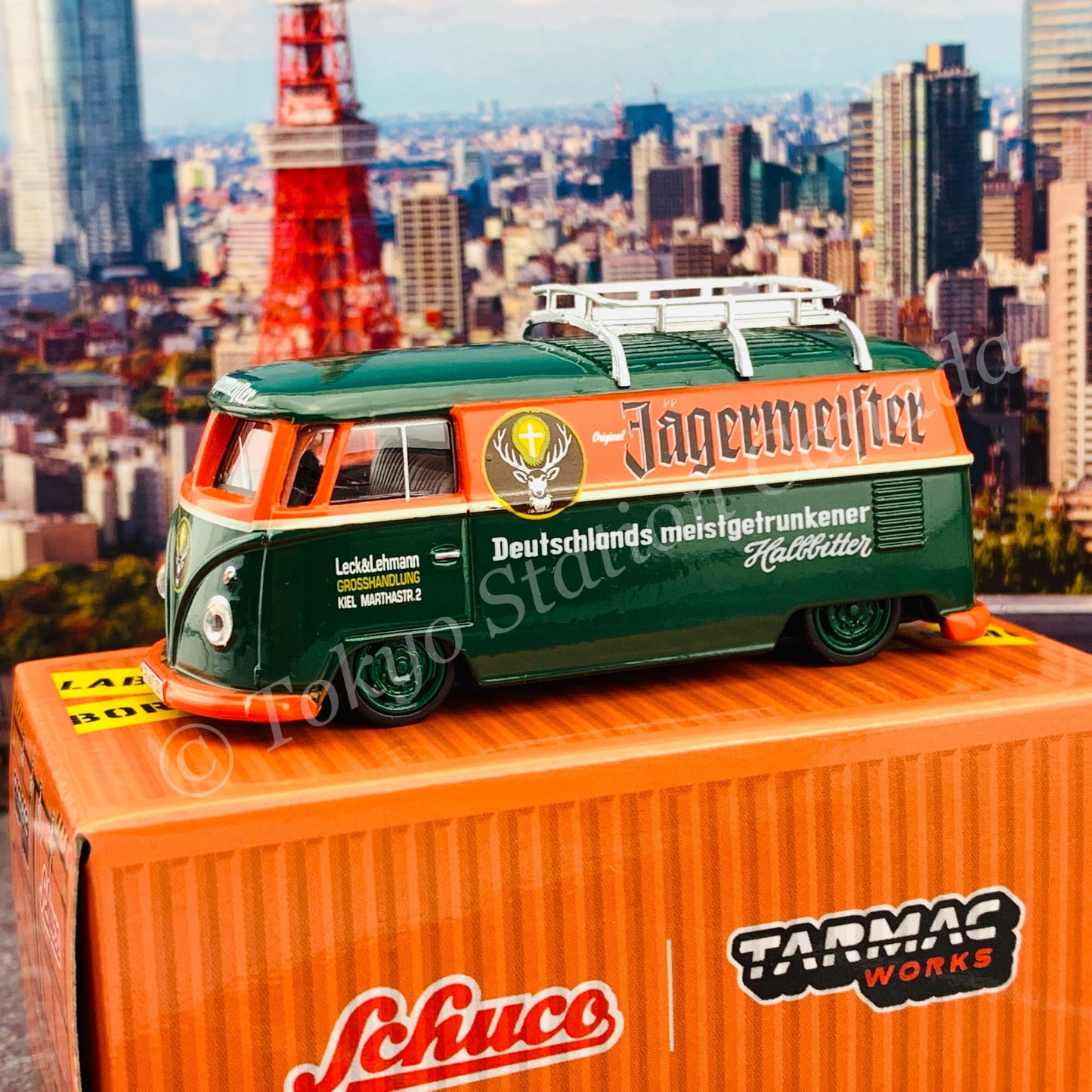 Tarmac Works x Schuco COLLAB64 1/64 Volkswagen T1 Panel Van Jagermeister Low Ride Height with Roof Rack T64S-005-JAG