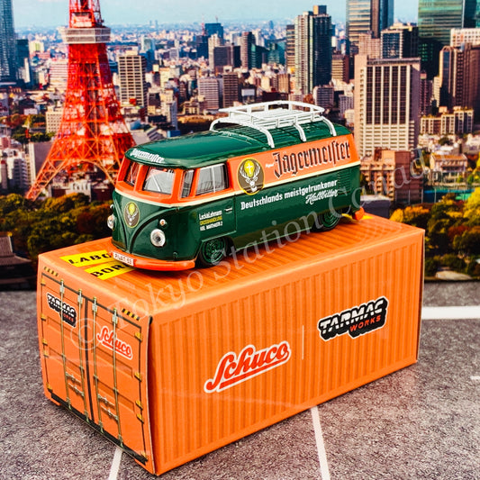 Tarmac Works x Schuco COLLAB64 1/64 Volkswagen T1 Panel Van Jagermeister Low Ride Height with Roof Rack T64S-005-JAG