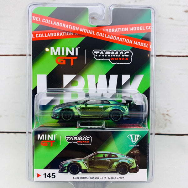 Tarmac Works x Mini GT Collaboration Model 1/64 LB★WORKS Nissan GTR (R35) Type 2, Rear Wing ver 3 Magic Green RHD Blister clamshell Packed MGT00145-R