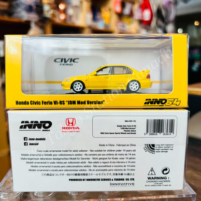 INNO64 1/64 HONDA CIVIC FERIO Vi RS PHOENIX YELLOW JDM MOD VERSION WITH EXTRA SPOON SPORTS WHEELS AND DECALS IN64-EKS-YEL