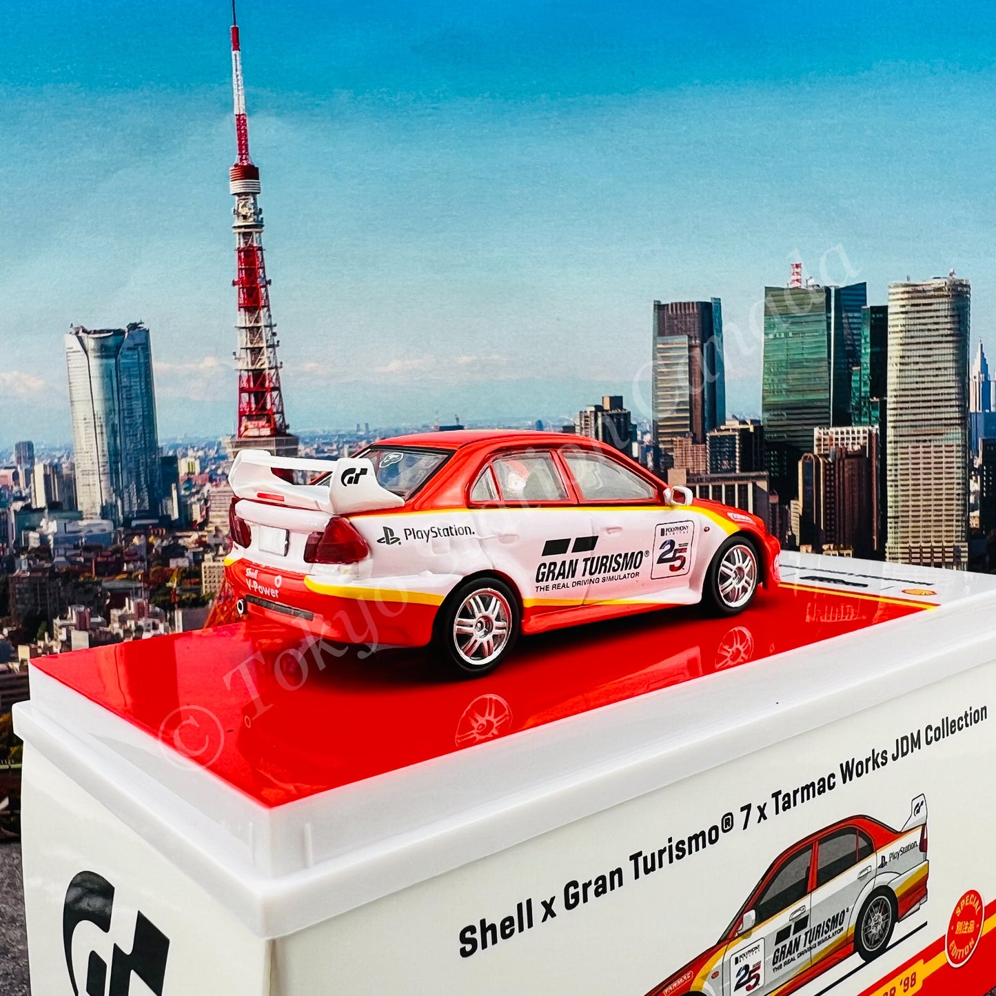 TARMAC WORKS x Gran Turismo 7 x SHELL 1/64 Mitsubishi Lancer Evolution V GSR 1998 T64-012-SS22