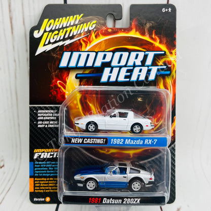 JOHNNY LIGHTNING 1/64 IMPORT HEAT Twin Pack 1982 Mazda RX-7 and 1981 Datsun 280ZX 849398045619