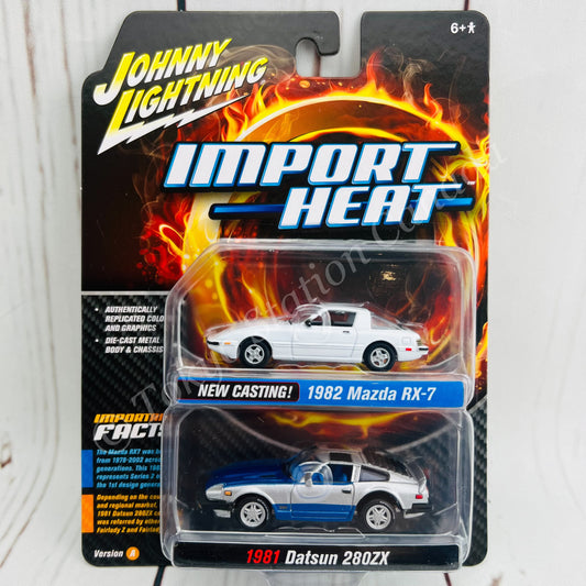 JOHNNY LIGHTNING 1/64 IMPORT HEAT Twin Pack 1982 Mazda RX-7 and 1981 Datsun 280ZX 849398045619