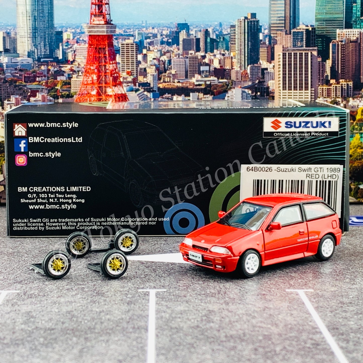 BM CREATIONS JUNIOR 1/64 Suzuki Swift 1989 RED LHD with Extra Wheels, Lowering Parts 64B0026