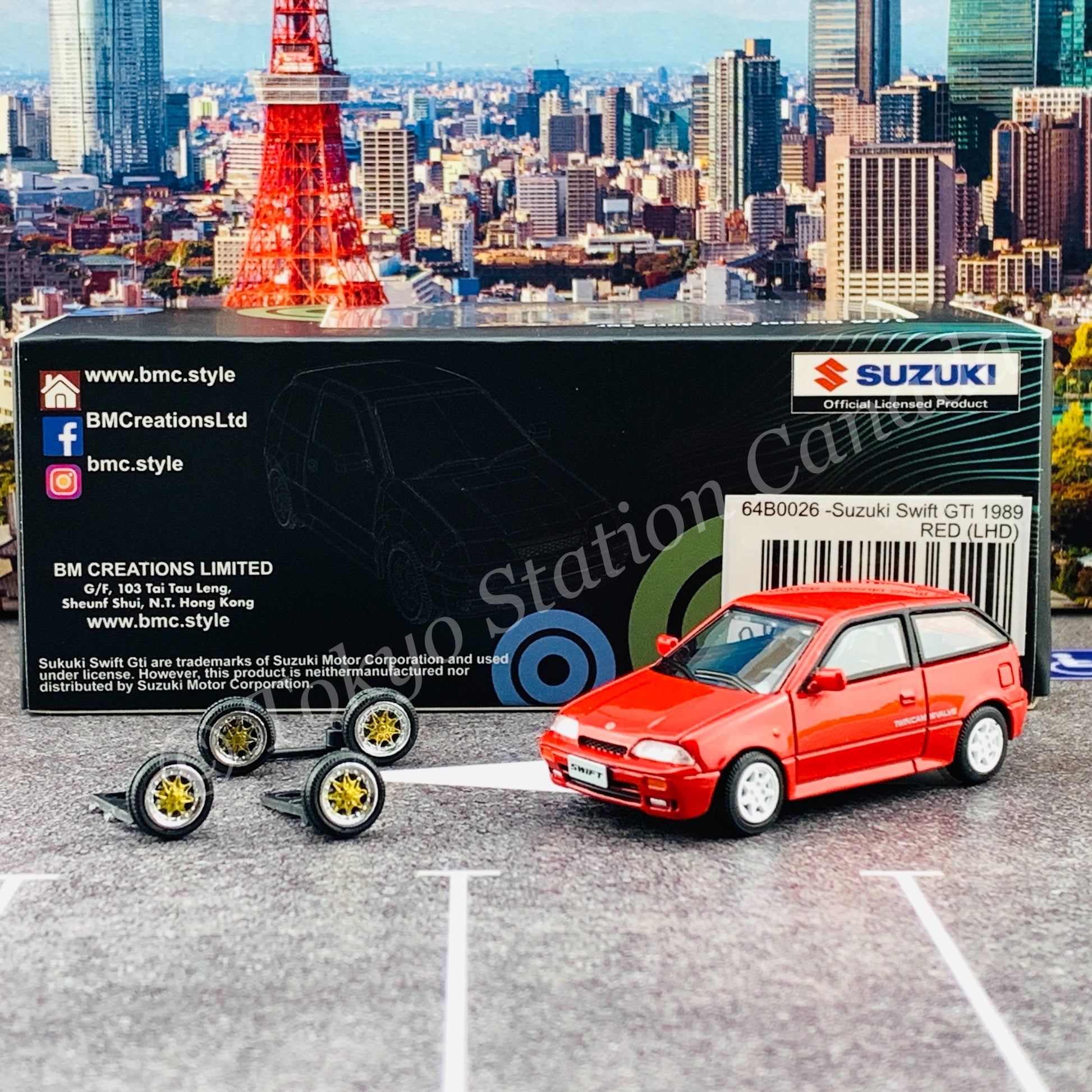 BM CREATIONS JUNIOR 1/64 Suzuki Swift 1989 RED LHD with Extra Wheels, Lowering Parts 64B0026