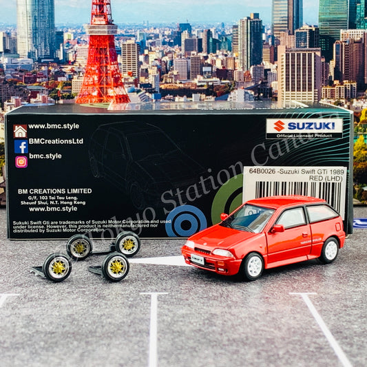 BM CREATIONS JUNIOR 1/64 Suzuki Swift 1989 RED LHD with Extra Wheels, Lowering Parts 64B0026