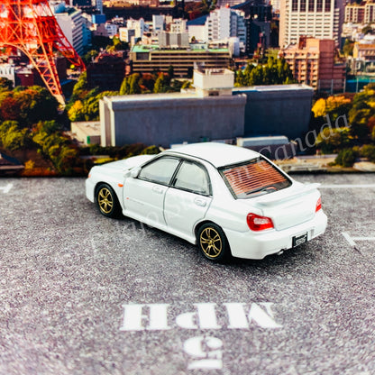 BM CREATIONS JUNIOR 1/64 Subaru Impreza WRX STi 2001 WHITE RHD with Extra Wheel Set and Lowering Parts 64B0082