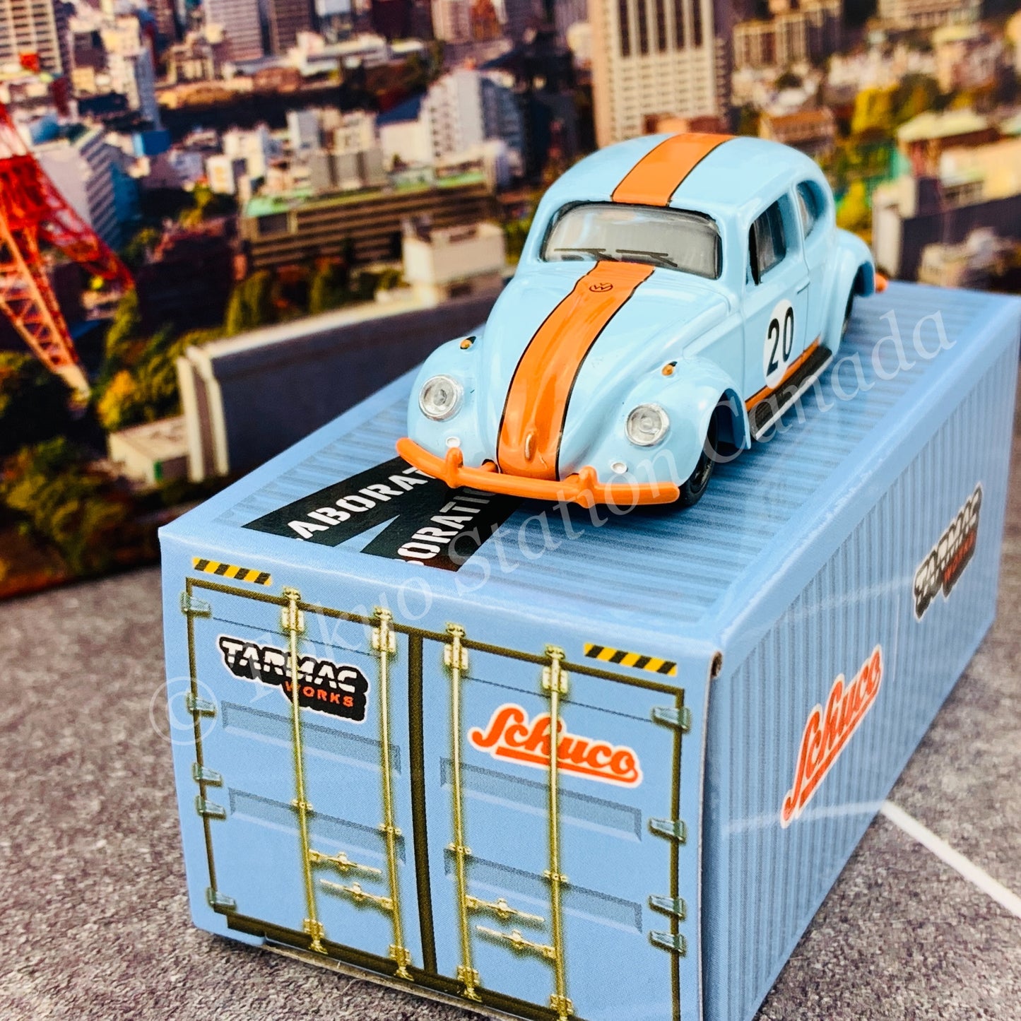 Tarmac Works x Schuco COLLAB64 1/64 Volkswagen Beetle  Blue/Orange Low Ride Height T64S-006-GF