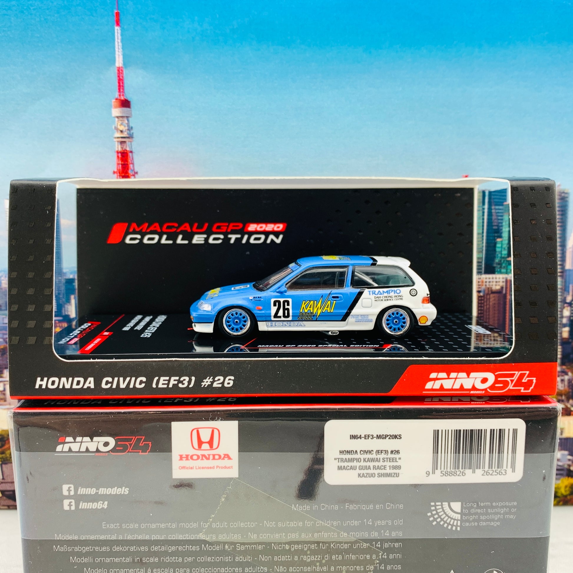 INNO64 MACAU GP 2020 COLLECTION HONDA CIVIC EF3 #26 "TRAMPIO KAWAI STEEL" Macau Guia Race 1989 Kazuo Shimizu IN64-EF3-MGP20KS