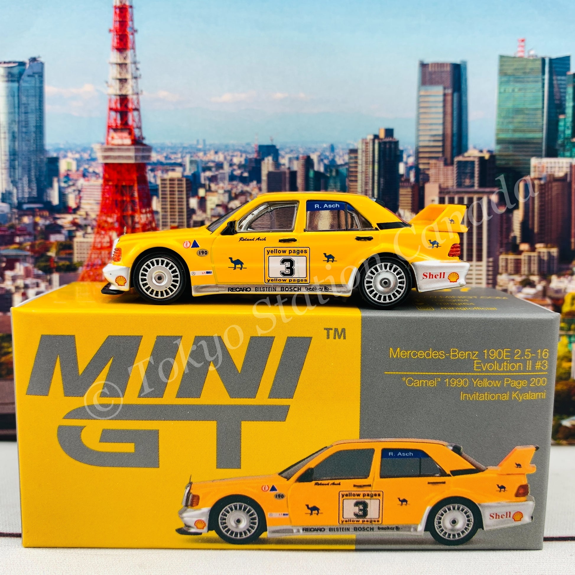 MINI GT 1/64 Mercedes-Benz 190E 2.5-16 Evolution II #3 "Camel" 1990 Yellow Page 200 Invitational Kyalami LHD MGT00187-L
