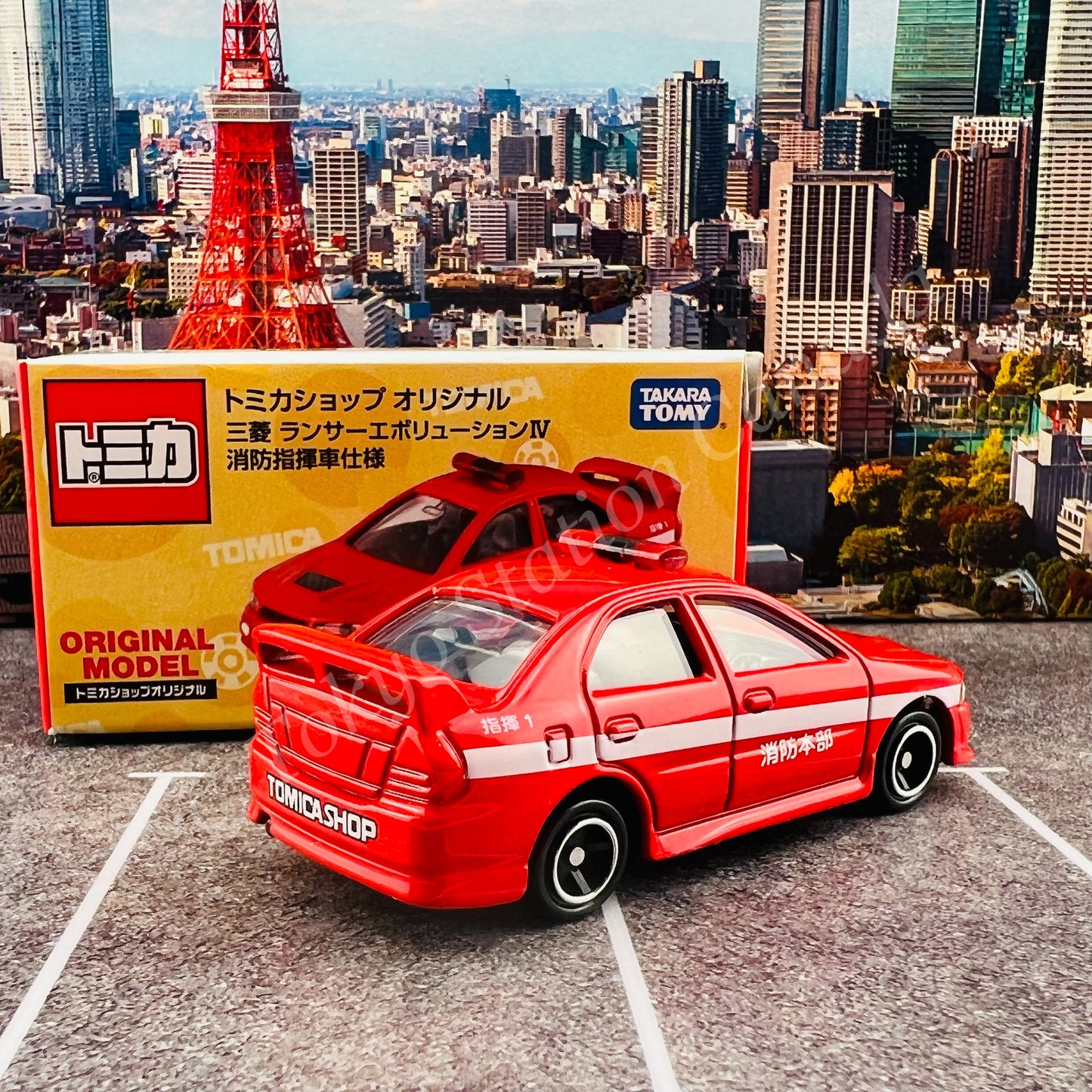 TOMICA SHOP ORIGINAL MODEL Mitsubishi Lancer Evolution IV Fire Chief Car 4904810179122