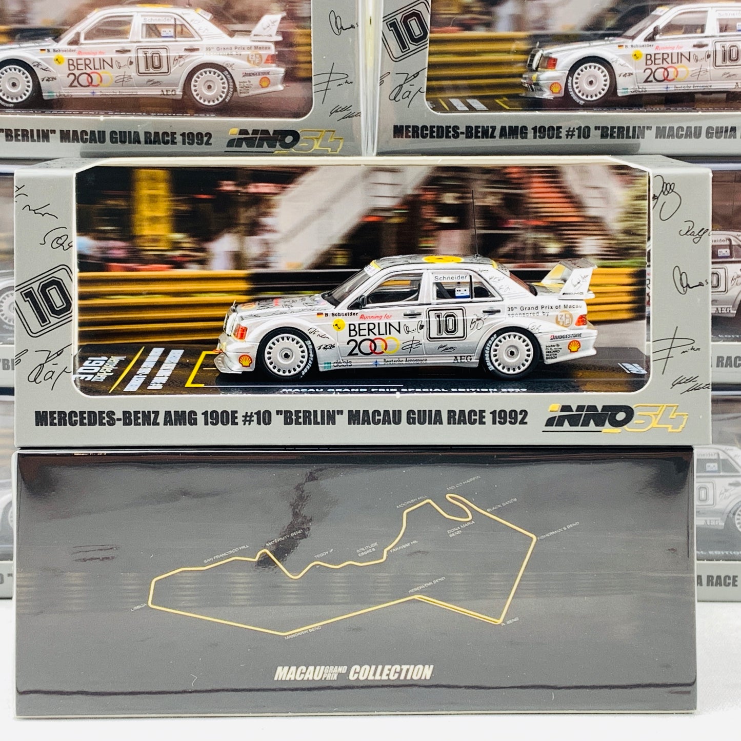 INNO64 1//64 Mercedes Benz AMG 190E 2.5-16 EVO II #10 Berlin - Macau Guia Race 1992 B.Schneider (Macau Guia Race Special Edition 2019) IN64-MGP19-190E