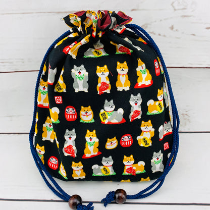 Shiba Inu おさんぽ日和 Drawstring Bag 303-701 Medium Black (MADE IN JAPAN)
