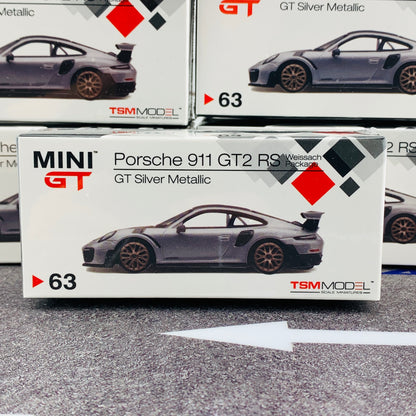 MINI GT 1/64 Porsche 911 Turbo GT2 RS GT Weissach Package Silver Metallic RHD MGT00063-R