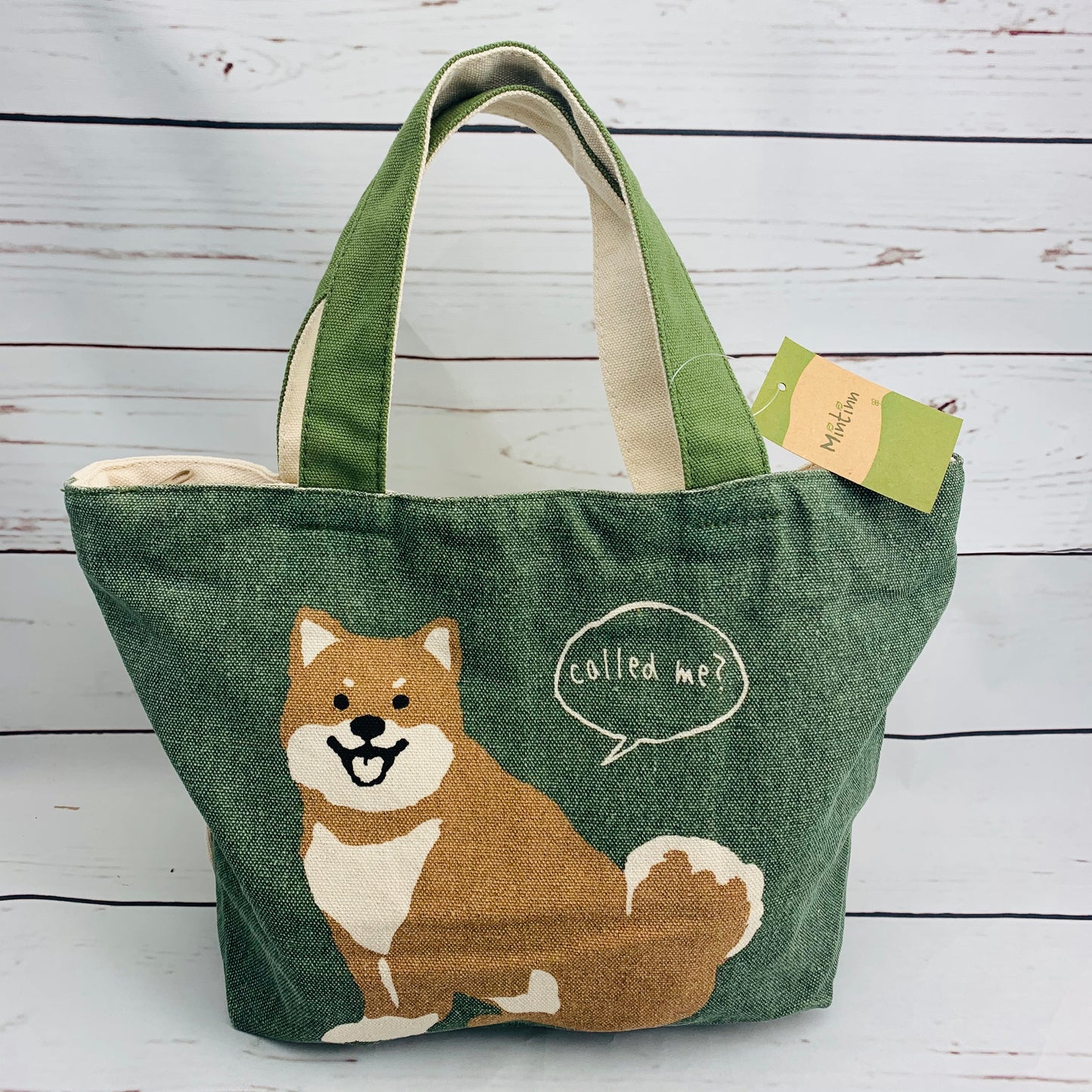 Shiba Inu Green "Called Me" Mini Tote Bag with Zipper by Mintinn 23016