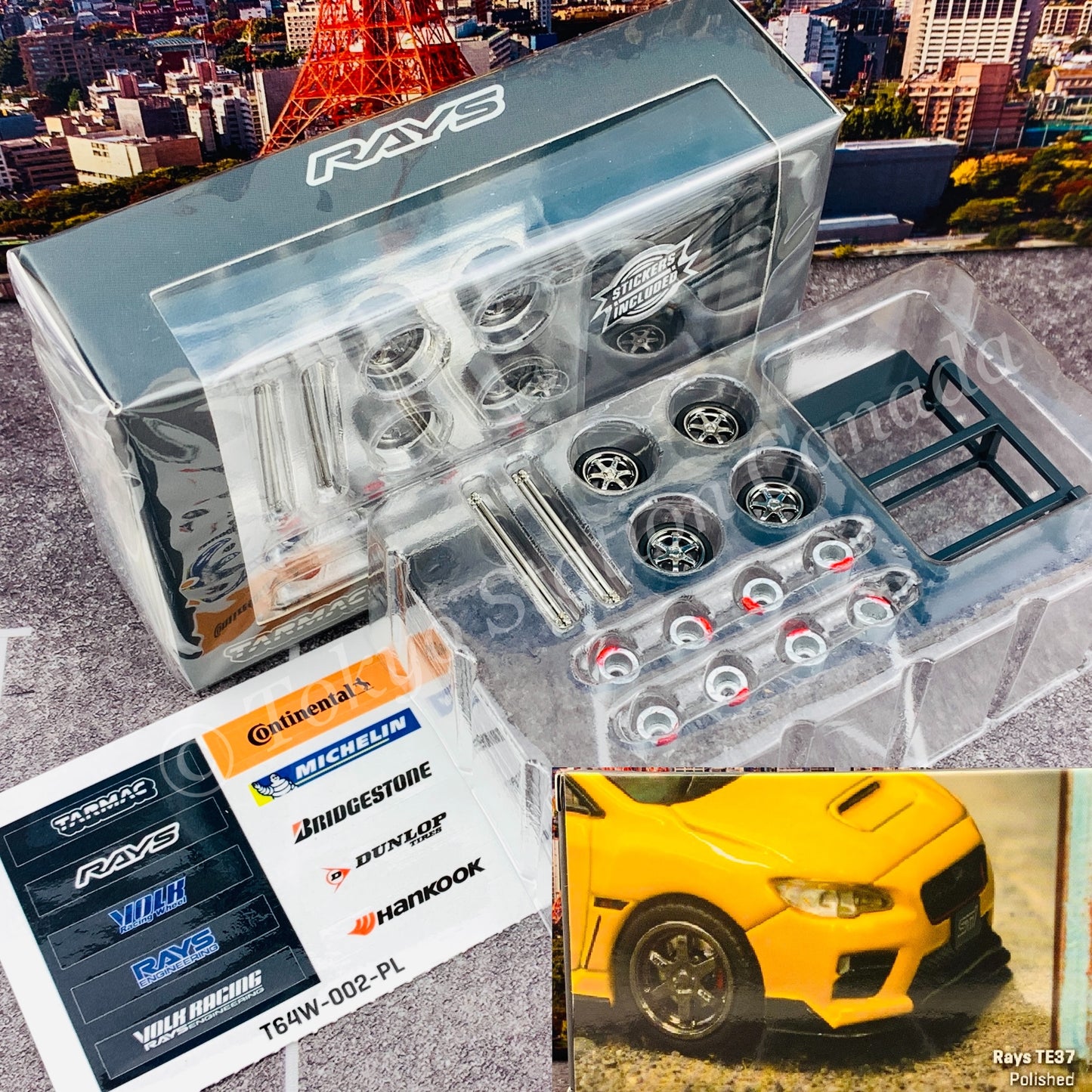 Tarmac Works 1/64 PARTS64 Rays TE37  Polished *Include: 4 Rims / 4 Tires / 4 Axis / 2 sets of spacers / Tire Rack / Sticker T64W-002-PL