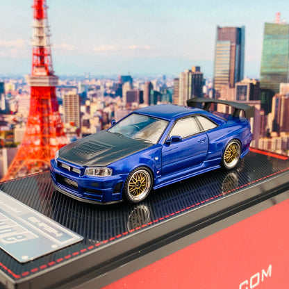 Ignition Model 1/64 Nismo R34 GTR Z-tune Blue Metallic with Carbon Bonnet and GT Wing IG1869