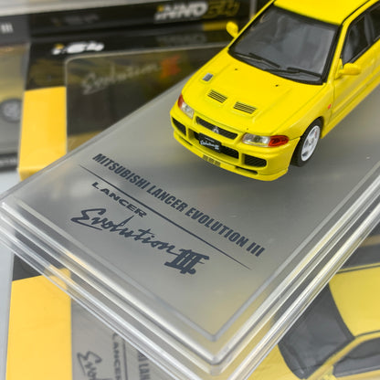 INNO64 1/64 MITSUBISHI LANCER EVOLUTION III 1995 Yellow Whith Separate bonnet carbon decals and Extra wheels IN64-EVO3-YL