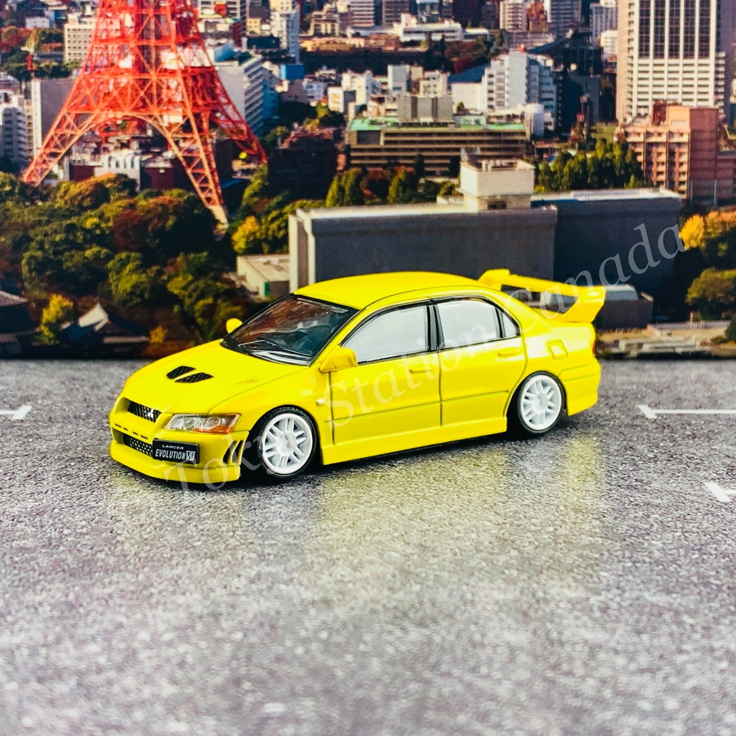 BM CREATIONS JUNIOR 1/64 Mitsubishi Lancer Evolution VII YELLOW RHD with Extra Wheel Set and Lowering Parts 64B0084