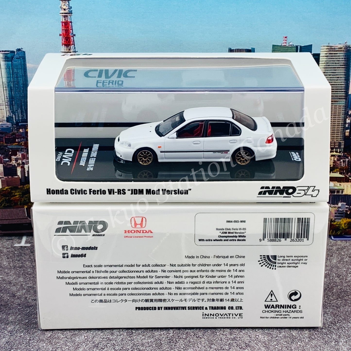 INNO64 1/64 HONDA CIVIC FERIO Vi-RS "JDM MOD VERSION" Championship White With extra wheels and extra decals IN64-EKS-WHI