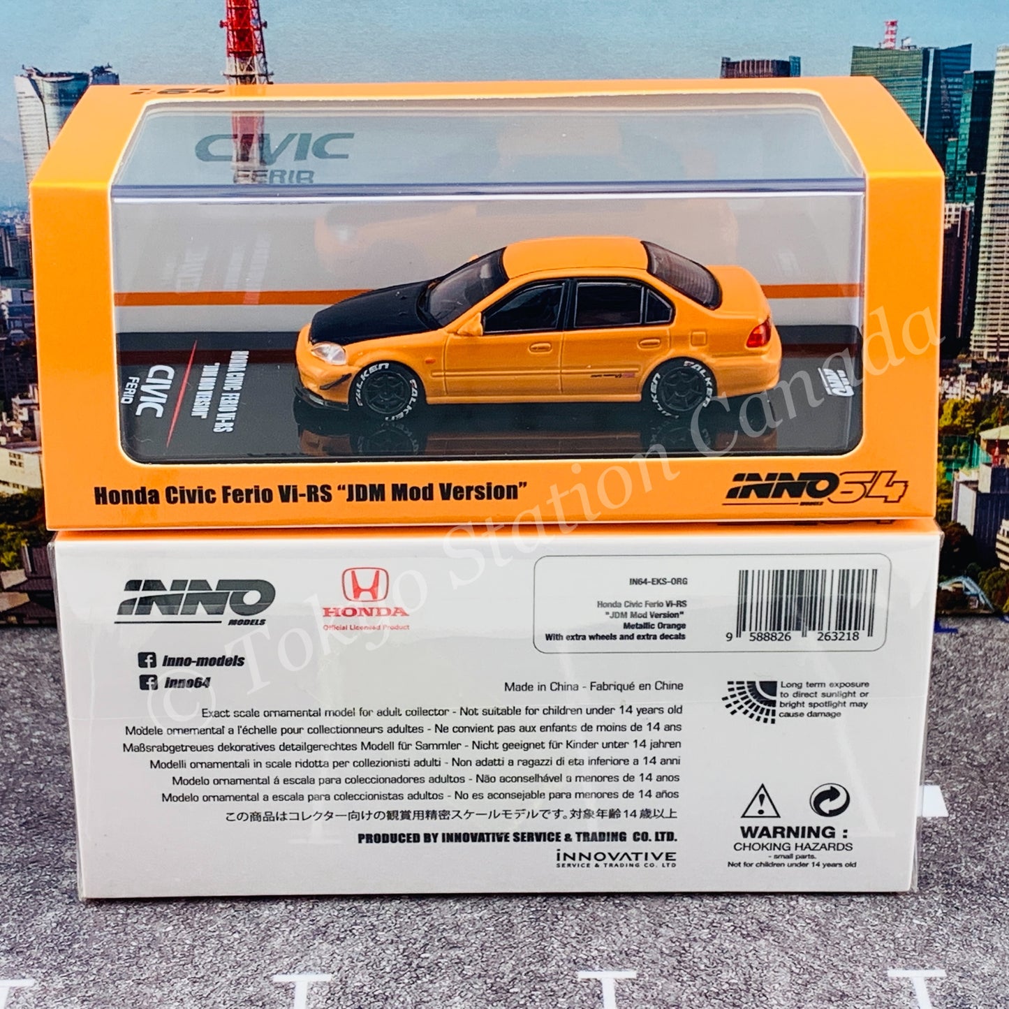 INNO64 1/64 HONDA CIVIC FERIO Vi-RS "JDM MOD VERSION" Metallic Orange With extra wheels and extra decals IN64-EKS-ORG
