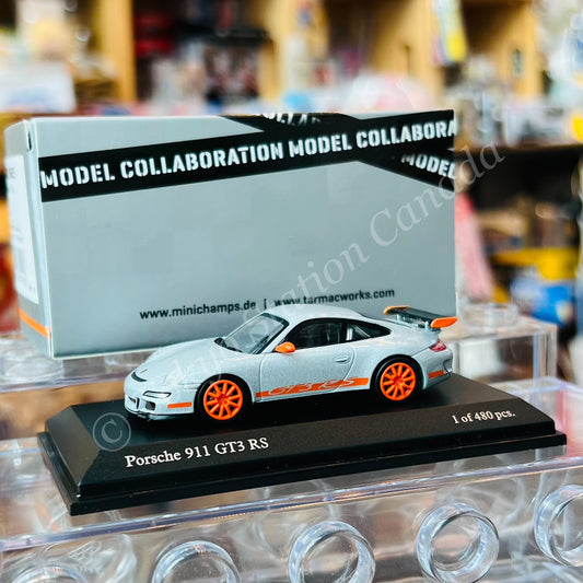 Tarmac Works x MINICHAMPS COLLAB64 1/64 Porsche 911 GT3 RS (997) Silver / Orange T64MC-001-SL (643066005)