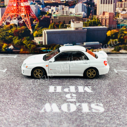 BM CREATIONS JUNIOR 1/64 Subaru Impreza WRX STi 2001 WHITE RHD with Extra Wheel Set and Lowering Parts 64B0082