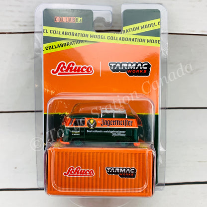 Tarmac Works x Schuco COLLAB64 1/64 Volkswagen T1 Panel Van Jagermeister Low Ride Height with Roof Rack T64S-005-JAG