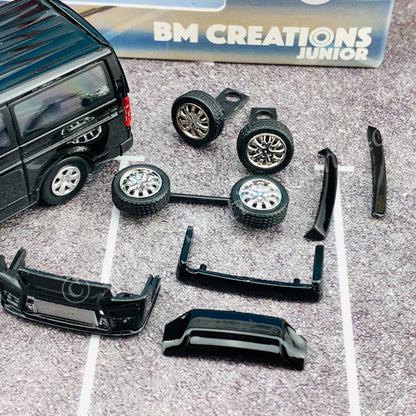 BM CREATIONS JUNIOR 1/64 Toyota 2016 Hiace BLACK RHD with Extra Wheels, Lowering Parts and Body Kit 64B0144