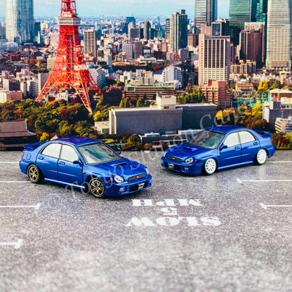 BM CREATIONS JUNIOR 1/64 Subaru Impreza WRX STi 2001 BLUE RHD with Extra Wheel Set and Lowering Parts 64B0078