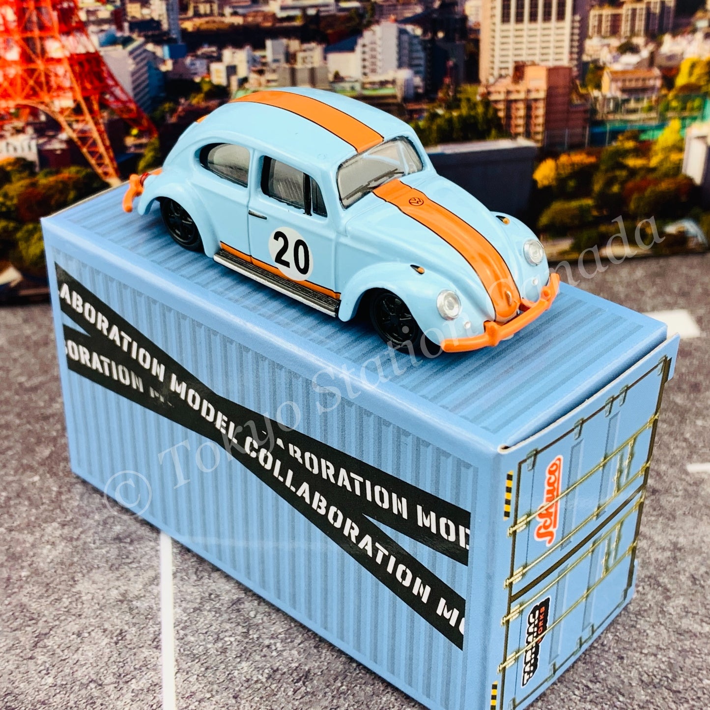 Tarmac Works x Schuco COLLAB64 1/64 Volkswagen Beetle  Blue/Orange Low Ride Height T64S-006-GF