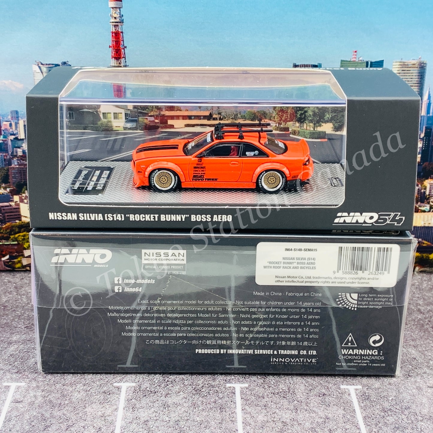 INNO64 1/64 NISSAN SILVIA S14 Rocket Bunny Boss Aero With Roof Rack and Bicycles IN64-S14B-SEMA15