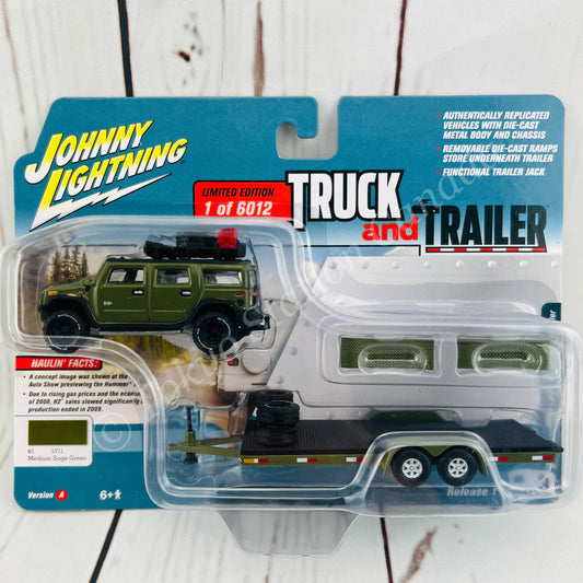 JOHNNY LIGHTNING 1/64 2004 Hummer H2 with Open Car Trailer Medium Sage Green 849398039823