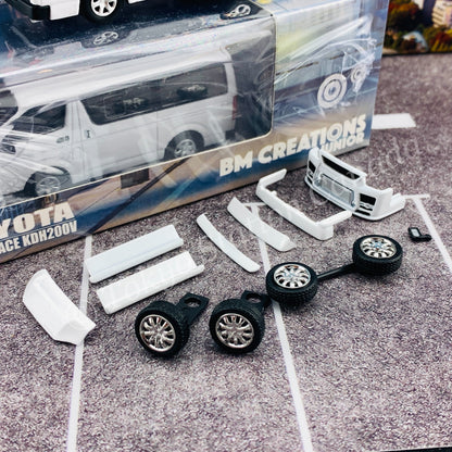 BM CREATIONS JUNIOR 1/64 Toyota 2015 Hiace KDH200V WHITE RHD with Extra Wheels, Lowering Parts and Body Kit 64B0142
