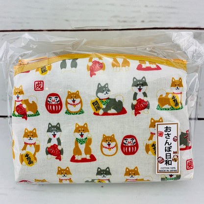 Shiba Inu おさんぽ日和 Zipper Pouch  303-703 White (MADE IN JAPAN)