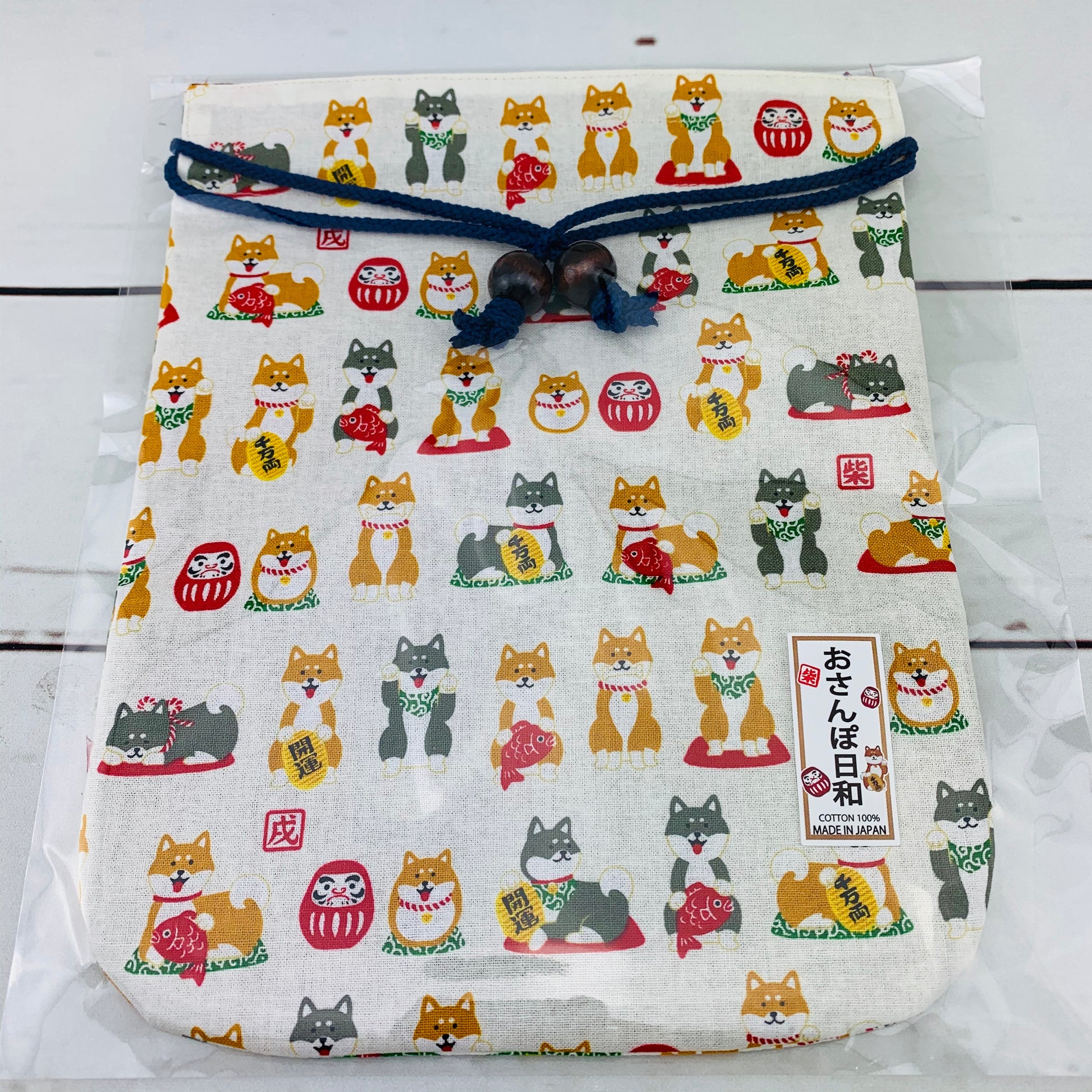 Shiba Inu おさんぽ日和 Drawstring Bag 303-701 Medium White (MADE IN JAPAN)