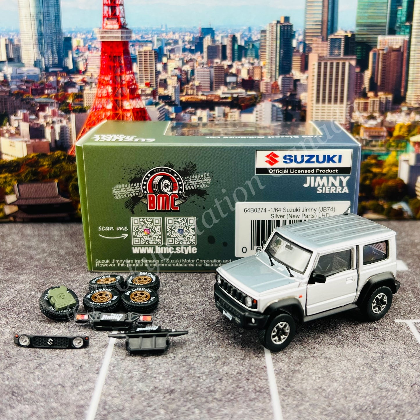 BM CREATIONS 1/64 Suzuki Jimny (JB74) Silver w/ Black Top with New Parts LHD 64B0274