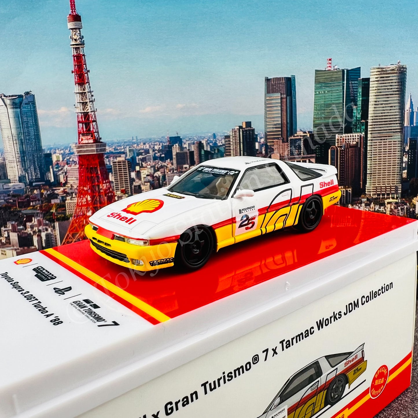 TARMAC WORKS x Gran Turismo 7 x SHELL 1/64 Toyota Supra 3.0GT Turbo A 1988 T64-064-SS22