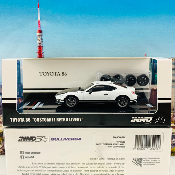 INNO64 1/64 TOYOTA 86 White "Customize Retro Livery" W/ Extra Wheels IN64-GT86-CRL