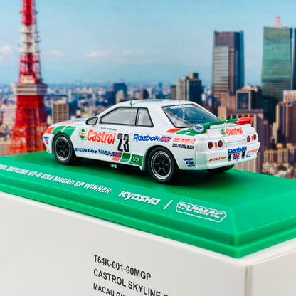 Tarmac Works x Kyosho Collaboration Model 1/64 Nissan Skyline GTR R32 Macau Guia Race 1990 Winner Masahiro Hasemi T64K-001-90MGP