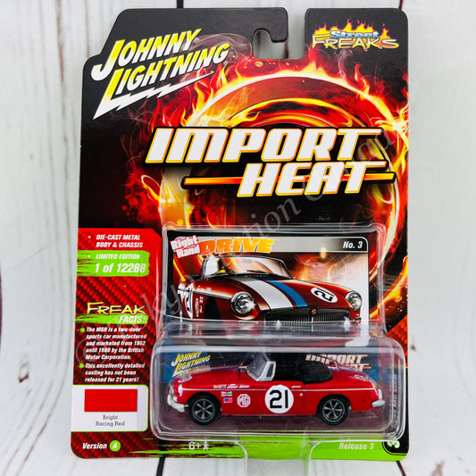 JOHNNY LIGHTNING 1/64 IMPORT HEAT 1963 MG MGB Bright Racing Red 849398049679