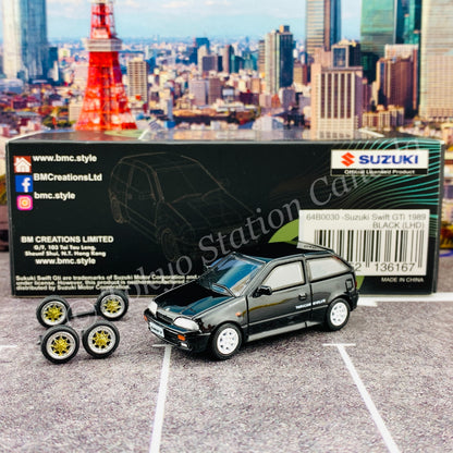 BM Creations JUNIOR 1/64 Suzuki Swift 1989 BLACK LHD with Extra Wheels, Lowering Parts 64B0030